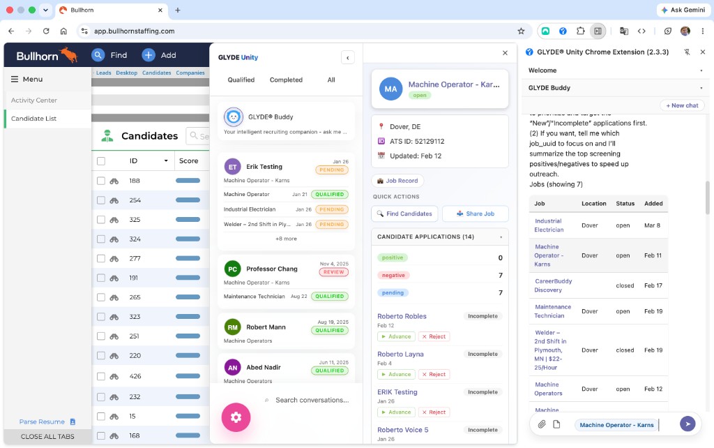 GLYDE side panel showing an open jobs table on a Bullhorn page
