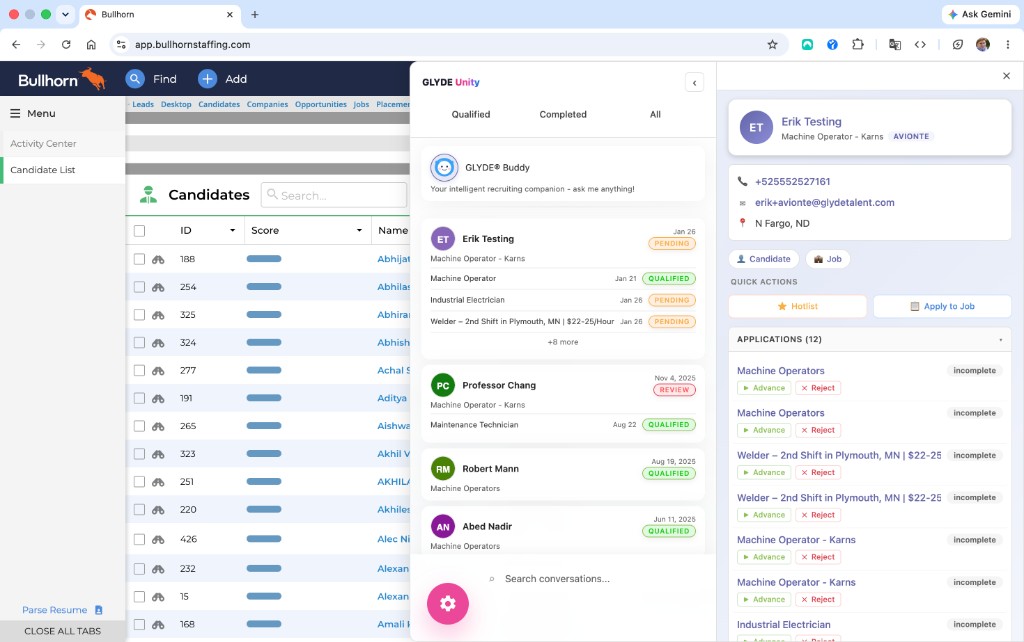 GLYDE Unity conversation list and candidate detail overlaid on a Bullhorn candidate list