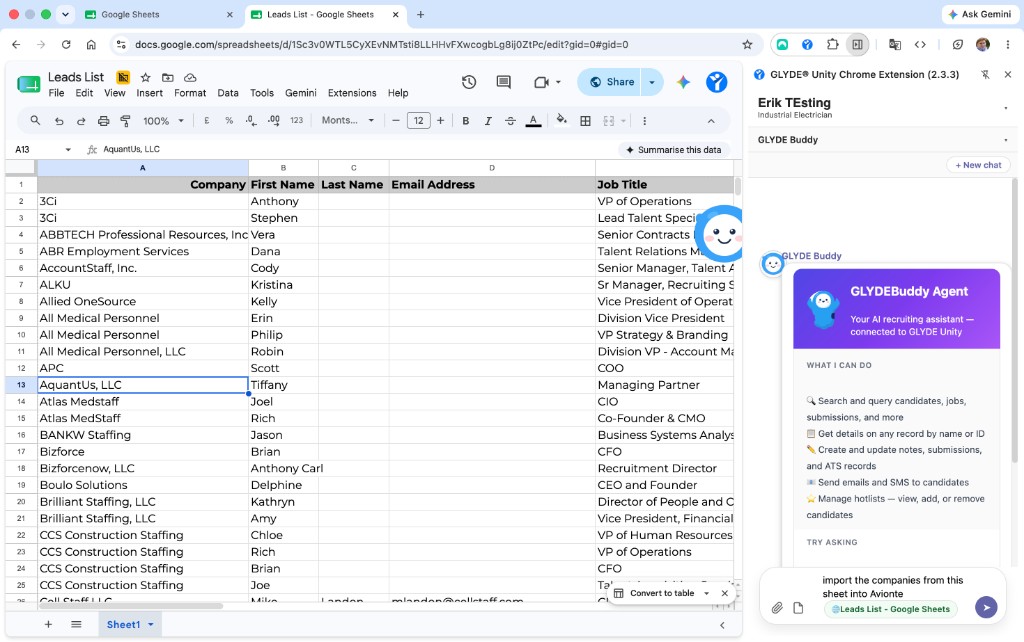 GLYDE Unity side panel on a Google Sheets leads list, with the composer reading 'import the companies from this sheet into Avionte' and a Google Sheets context pill