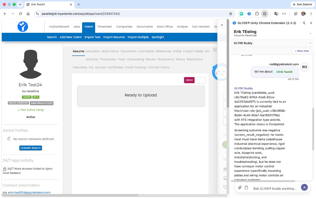 GLYDE Unity side panel answering 'tell me about Erik Test24' with the linked record and screening outcome on an Avionté applicant page