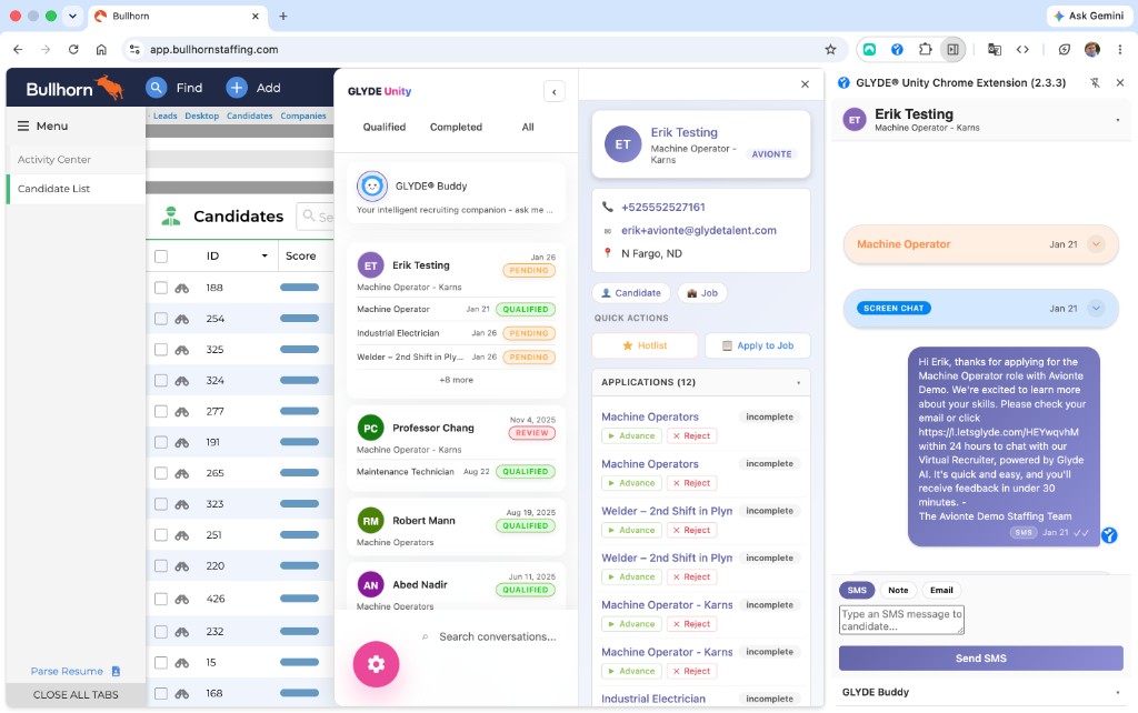 GLYDE Unity conversation list, candidate detail, and the Chrome Extension side panel docked together on a Bullhorn candidate page