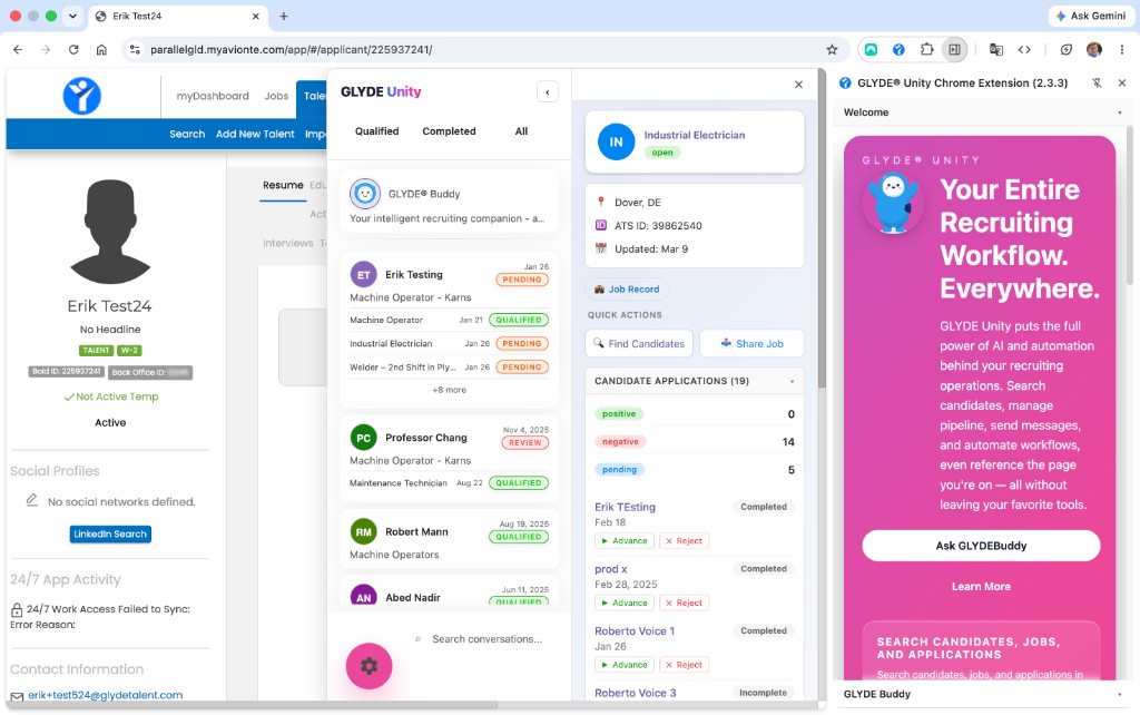 GLYDE Unity Chrome Extension side panel welcome card reading 'Your Entire Recruiting Workflow. Everywhere.' on an Avionté page