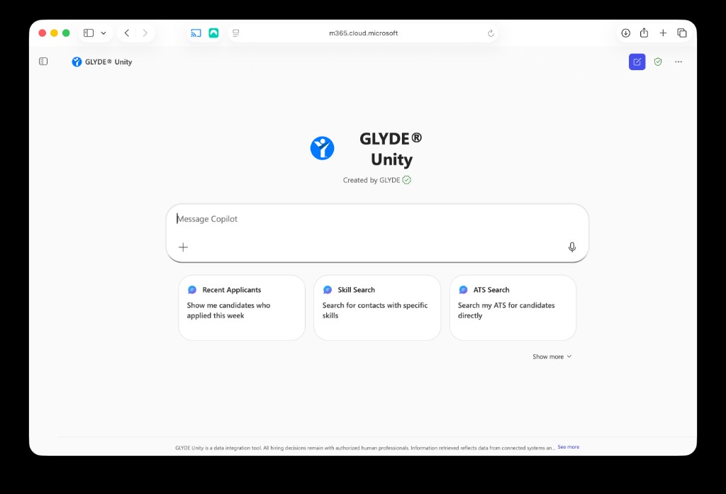 The GLYDE Unity declarative agent answering a recruiting question inside Microsoft 365 Copilot