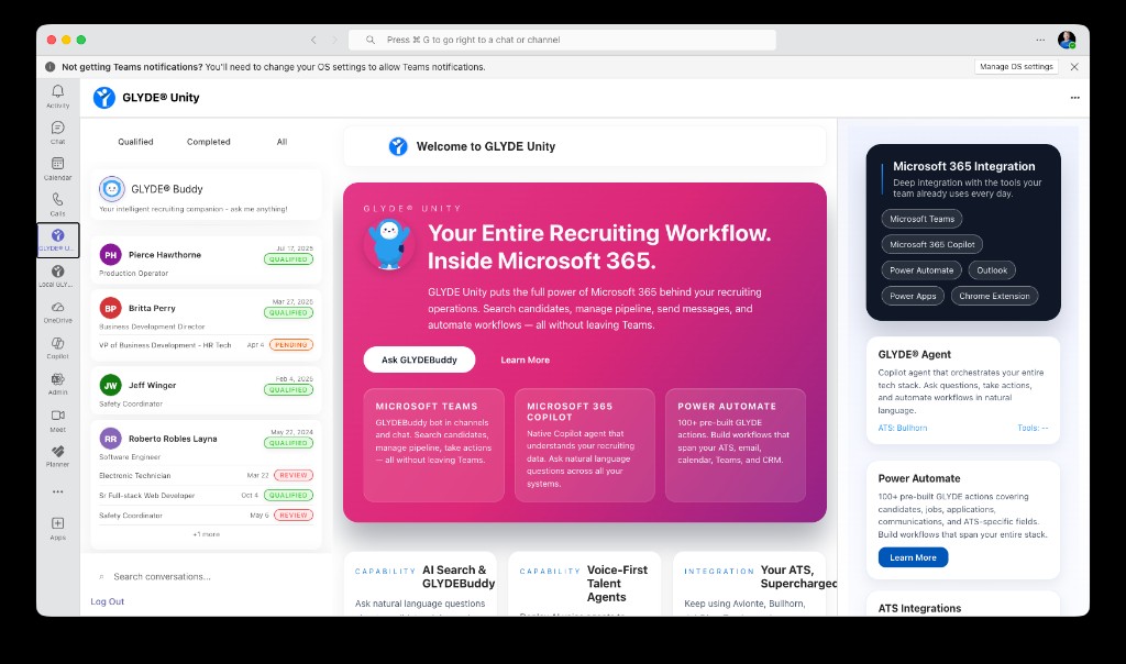 GLYDE Unity inside Microsoft Teams — candidate pipeline, conversations, Copilot agent, and Power Automate integration in one view